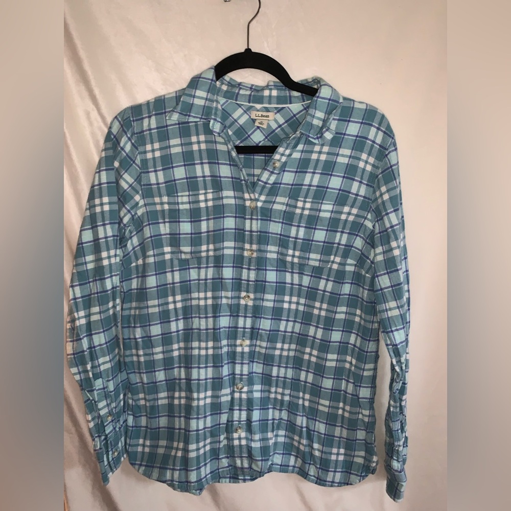 L.L. Bean women's Aqua and White Plaid Shirt